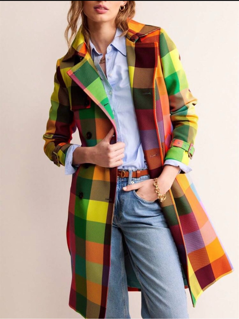 Colorblock Plaid mid length Trench Coat in Bright Multicolor - Picture 2 of 3